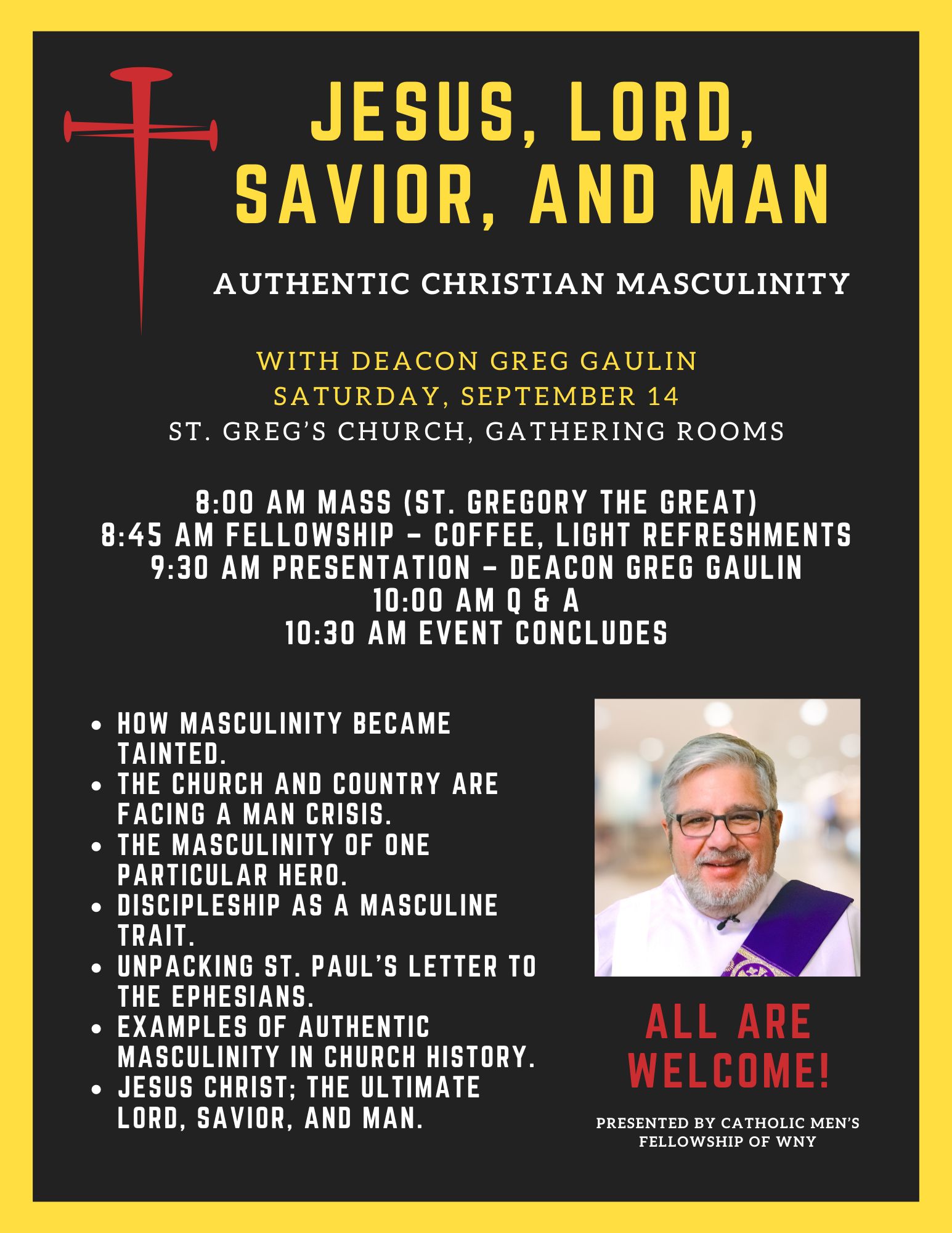 Jesus, Lord, Savior, and Man: Authentic Christian Masculinity Men's event flyer: Jesus, Lord, Savior, Man